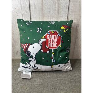 Peanuts Snoopy Christmas Pillow Santa Stop Here 18" Square